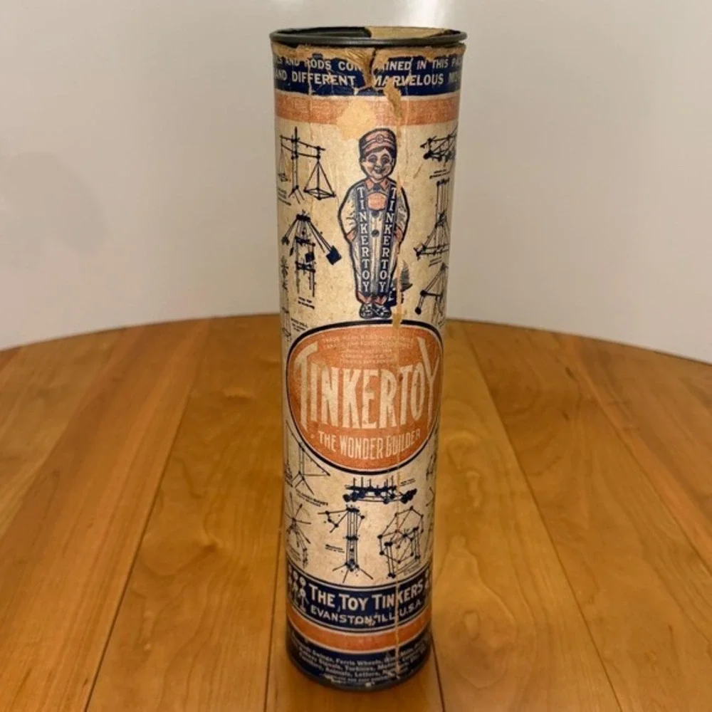 Antique Tinkertoy No. 3 Set – Wooden Construction Toy w/ Original Tube+Paperwork